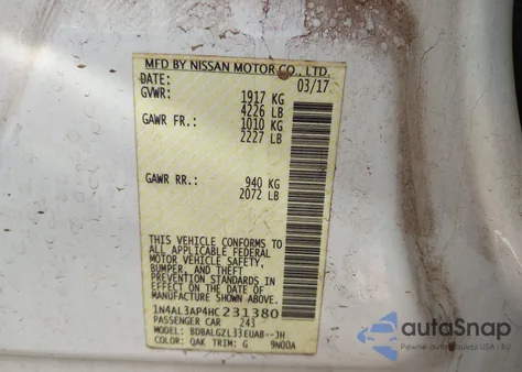 2017 Nissan Altima 2.5 S from USA, damaged, VIN 1N4AL3AP4HC231380